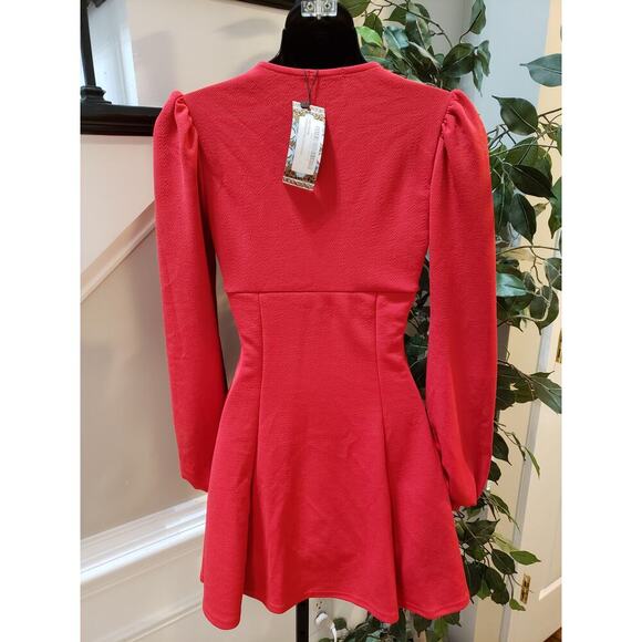 Boohoo Skater Dress Women's 4 Red Bust Detail Blouson Sleeve Crew Neck Pullover - Picture 3 of 13